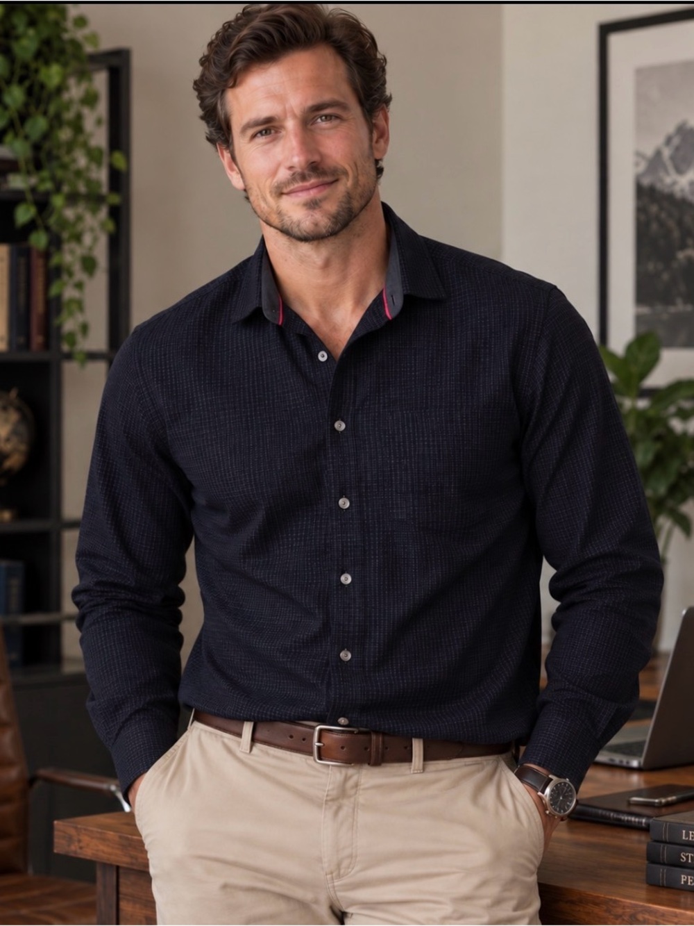 Bugatchi Dark Navy Textured Long-Sleeve Button-Down Shirt XL